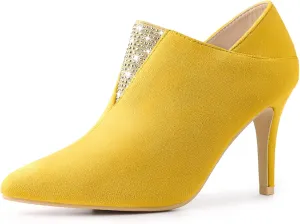 Allegra K Women's Pointed Toe Rhinestones Pull on Stiletto Heel Ankle Booties