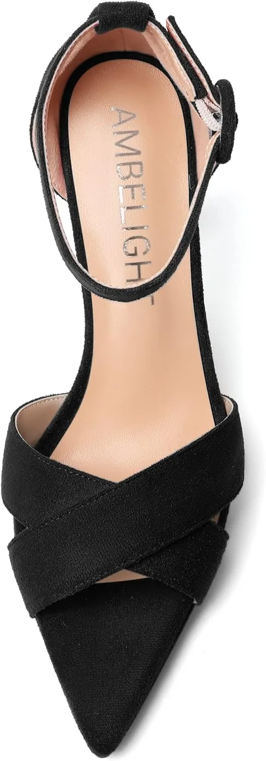 AMBELIGHT Womens Ankle Strap Suede Heels Night Club Sexy Peep Toe Platform Stiletto High Heel Sandals 4 Inch
