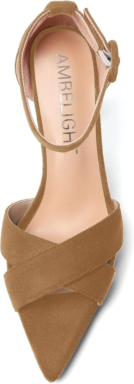 AMBELIGHT Womens Ankle Strap Suede Heels Night Club Sexy Peep Toe Platform Stiletto High Heel Sandals 4 Inch