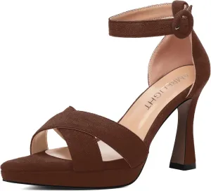 AMBELIGHT Womens Ankle Strap Suede Heels Night Club Sexy Peep Toe Platform Stiletto High Heel Sandals 4 Inch