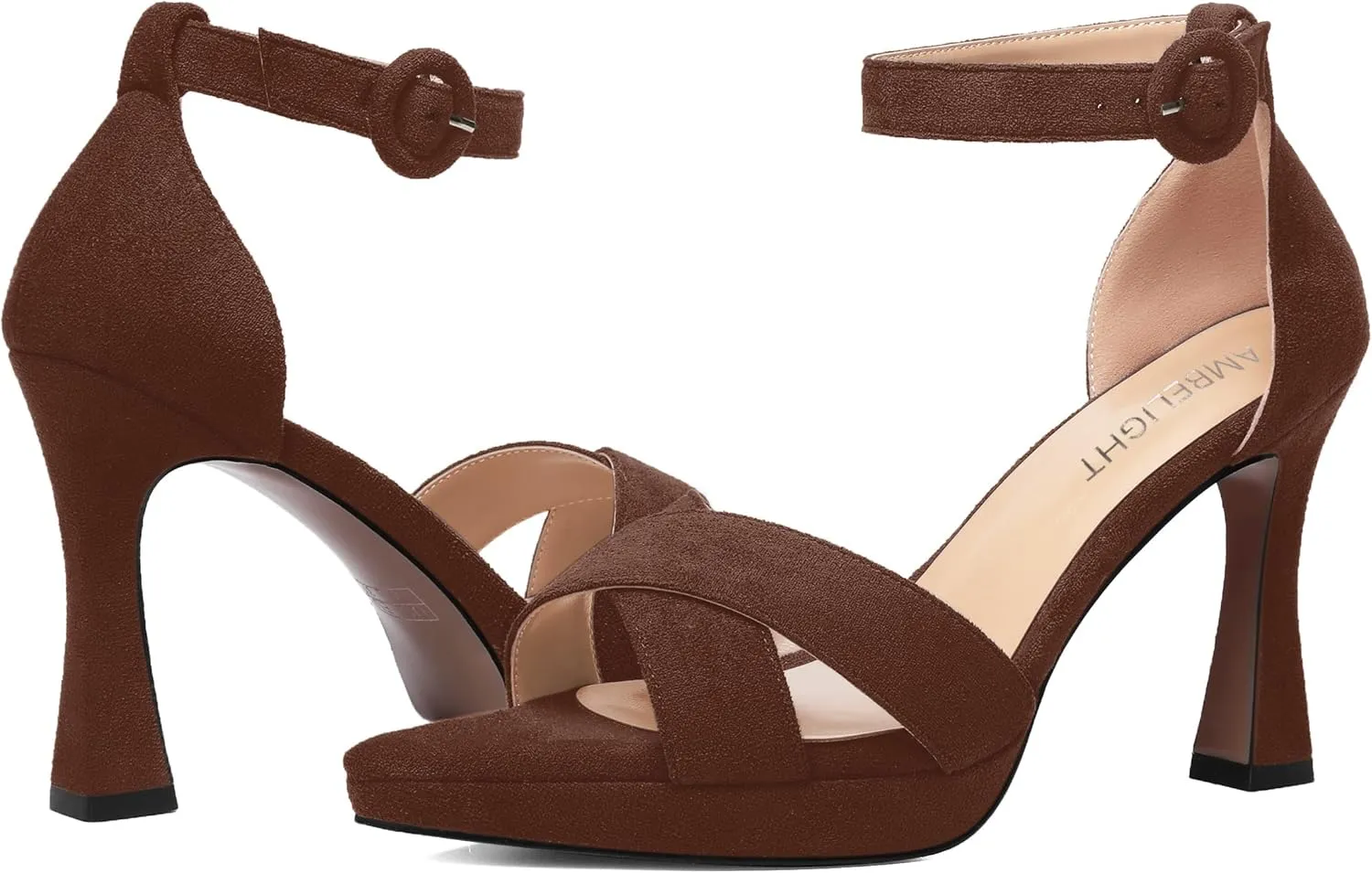 AMBELIGHT Womens Ankle Strap Suede Heels Night Club Sexy Peep Toe Platform Stiletto High Heel Sandals 4 Inch