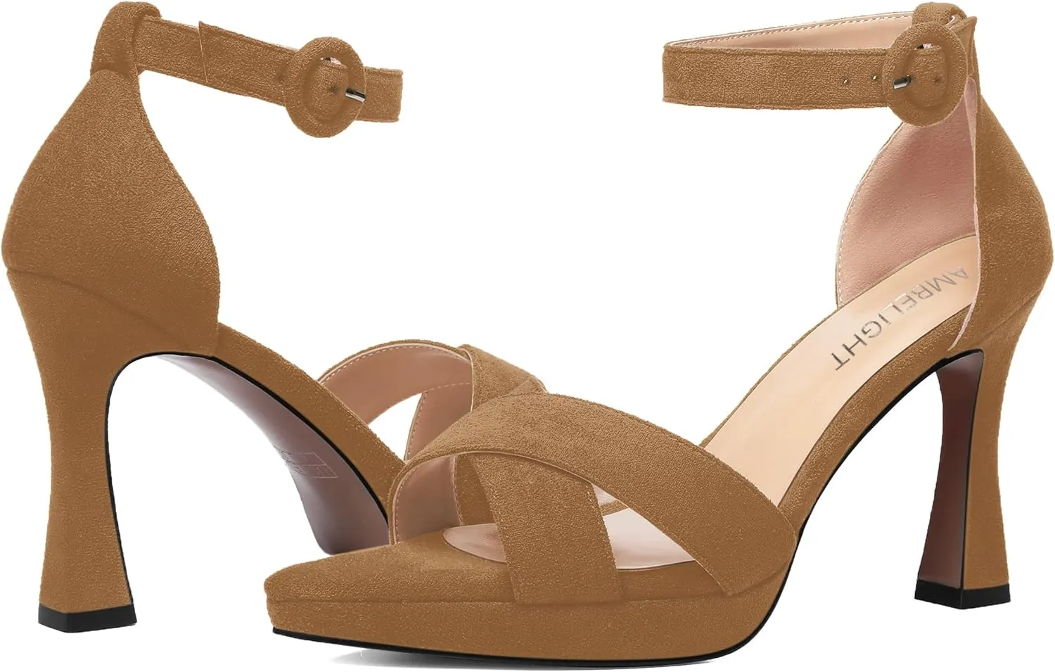 AMBELIGHT Womens Ankle Strap Suede Heels Night Club Sexy Peep Toe Platform Stiletto High Heel Sandals 4 Inch