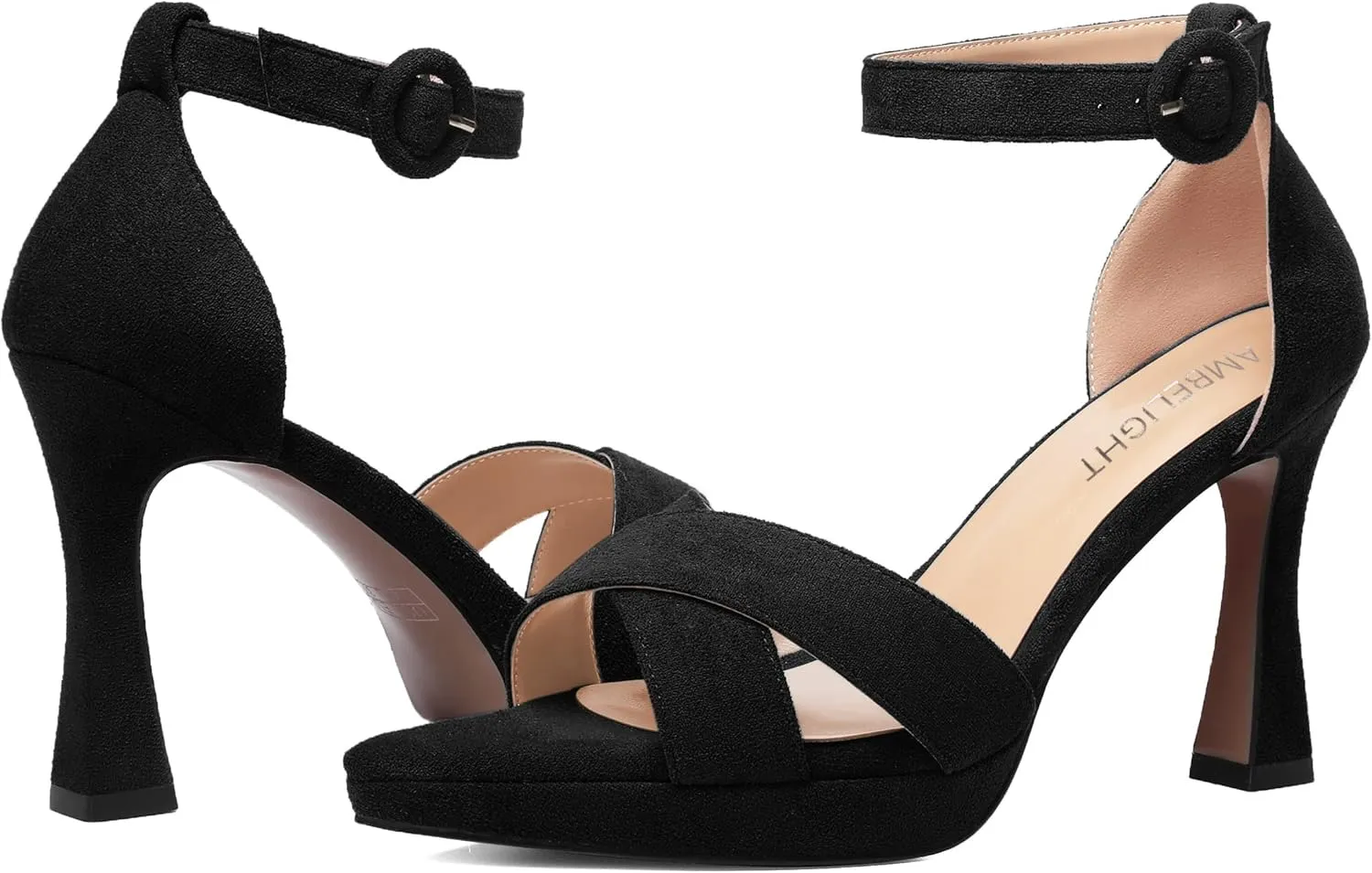 AMBELIGHT Womens Ankle Strap Suede Heels Night Club Sexy Peep Toe Platform Stiletto High Heel Sandals 4 Inch