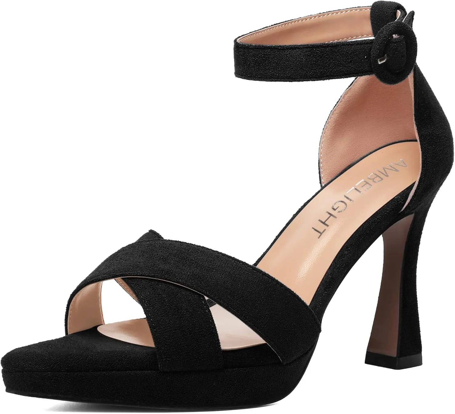 AMBELIGHT Womens Ankle Strap Suede Heels Night Club Sexy Peep Toe Platform Stiletto High Heel Sandals 4 Inch