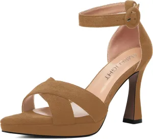 AMBELIGHT Womens Ankle Strap Suede Heels Night Club Sexy Peep Toe Platform Stiletto High Heel Sandals 4 Inch