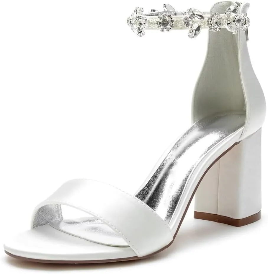 Block Heel Wedding Sandals Open Toe Rhinestones Heeled Sandal Shoes Women Bridal Heels