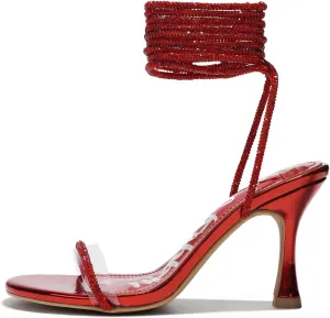 Cape Robbin Women's Strappy Heeled Sandals - Lace-Up Stiletto Heels with Rhinestone Embellishment (Lurex)