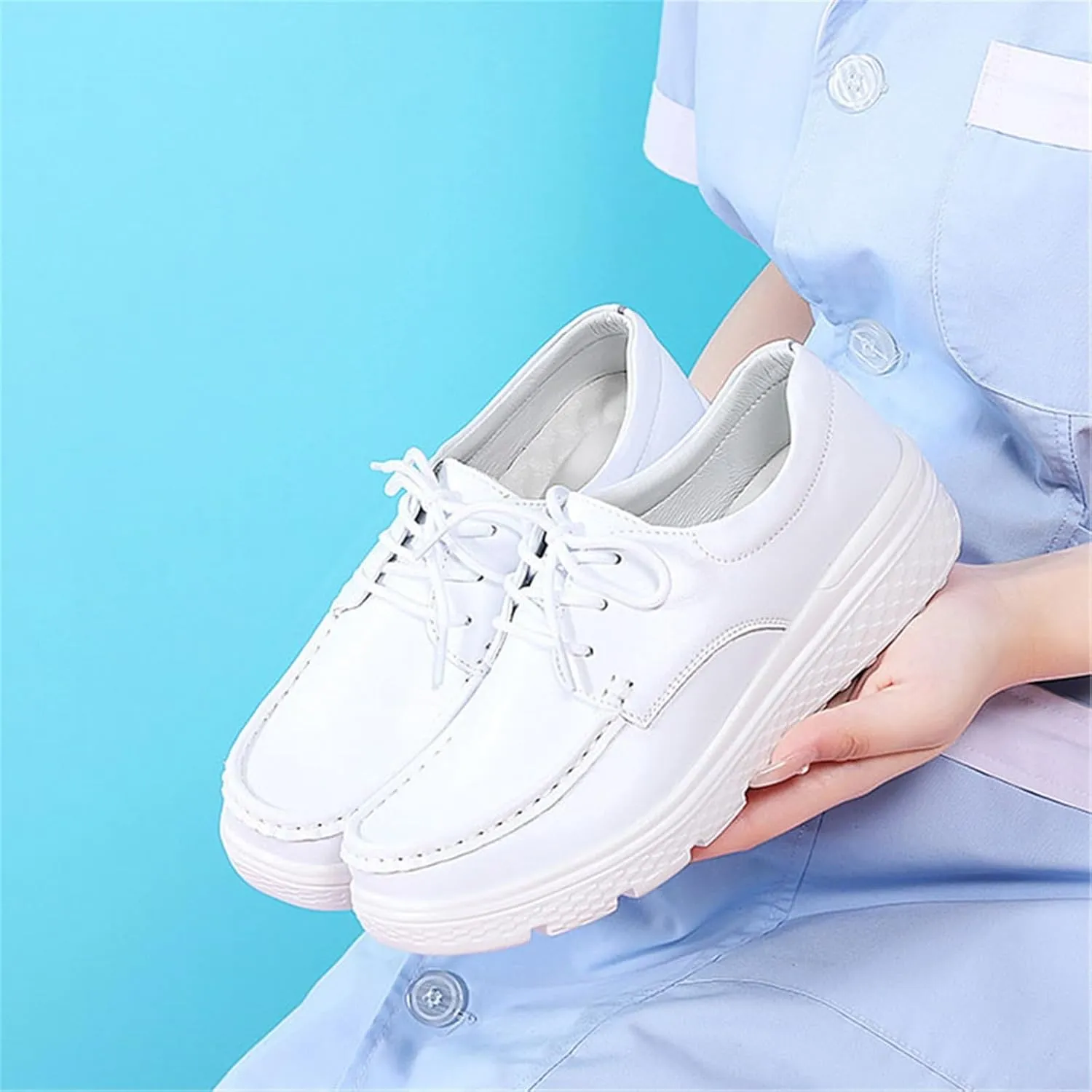 Casual Breathable Moccasin Loafers, Women Fashion Slip Resistant Lace up Leather Nurse Work Shoes, Air Cushion Orthopedic Waterproof Work Shoes, for Healthcare Providers