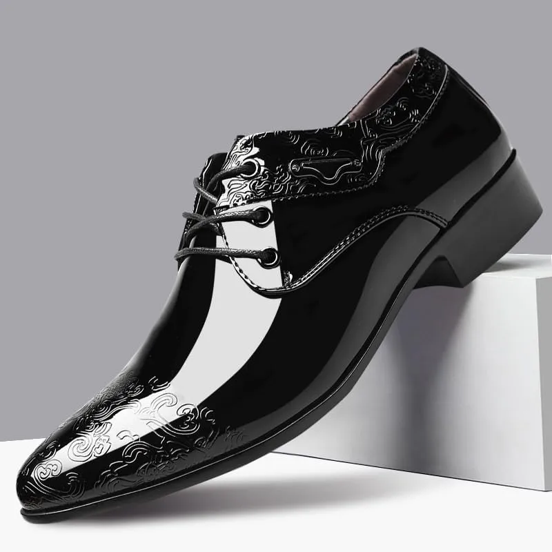 Casual Business Dress Shoes Lace Up Formal Black Patent Leather Brogue Shoes for Male Wedding Party Office Oxfords