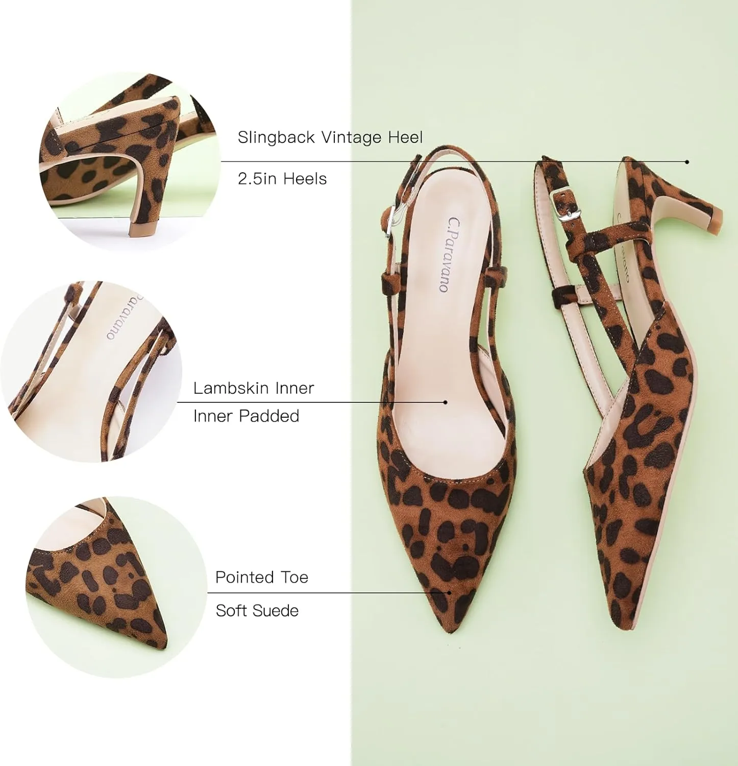 C.Paravano Beige Slingback Heels for Women - Pointed Toe, Stiletto Heels, Slip On Work Pumps, Dress Shoes