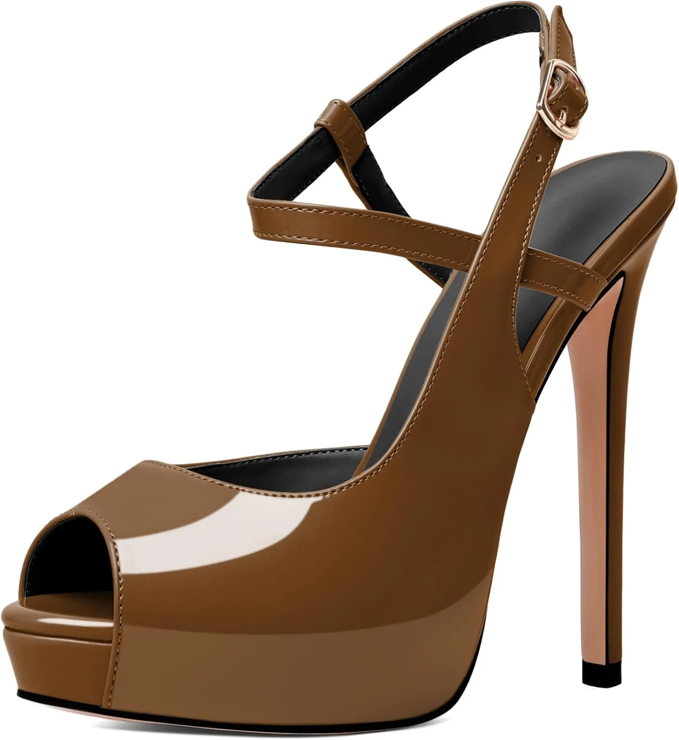 Eldof Women's Sandals Platform Heel Pumps Slingback Adjustable Buckle Peep Toe Stiletto Round Open Toe Sandal Party Wedding Dress Shoes 4.7 Inch Pumps