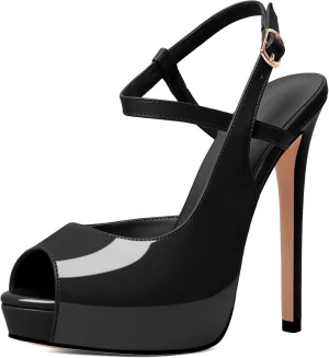 Eldof Women's Sandals Platform Heel Pumps Slingback Adjustable Buckle Peep Toe Stiletto Round Open Toe Sandal Party Wedding Dress Shoes 4.7 Inch Pumps