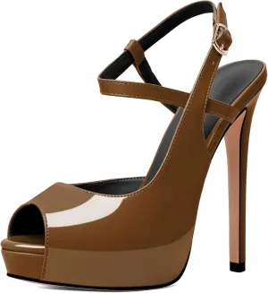 Eldof Women's Sandals Platform Heel Pumps Slingback Adjustable Buckle Peep Toe Stiletto Round Open Toe Sandal Party Wedding Dress Shoes 4.7 Inch Pumps
