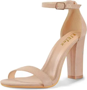 ElElax Women's 4 Inches Block High Heels Sandal, Nude Black Silver, Ankle Strap, Open Toe, for Wedding, Party, Prom