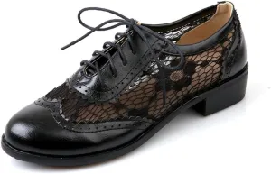 ELFY Women's Perforated Lace-up Wingtip Close Front Brogue Shoes Vintage Lace Oxford Shoes