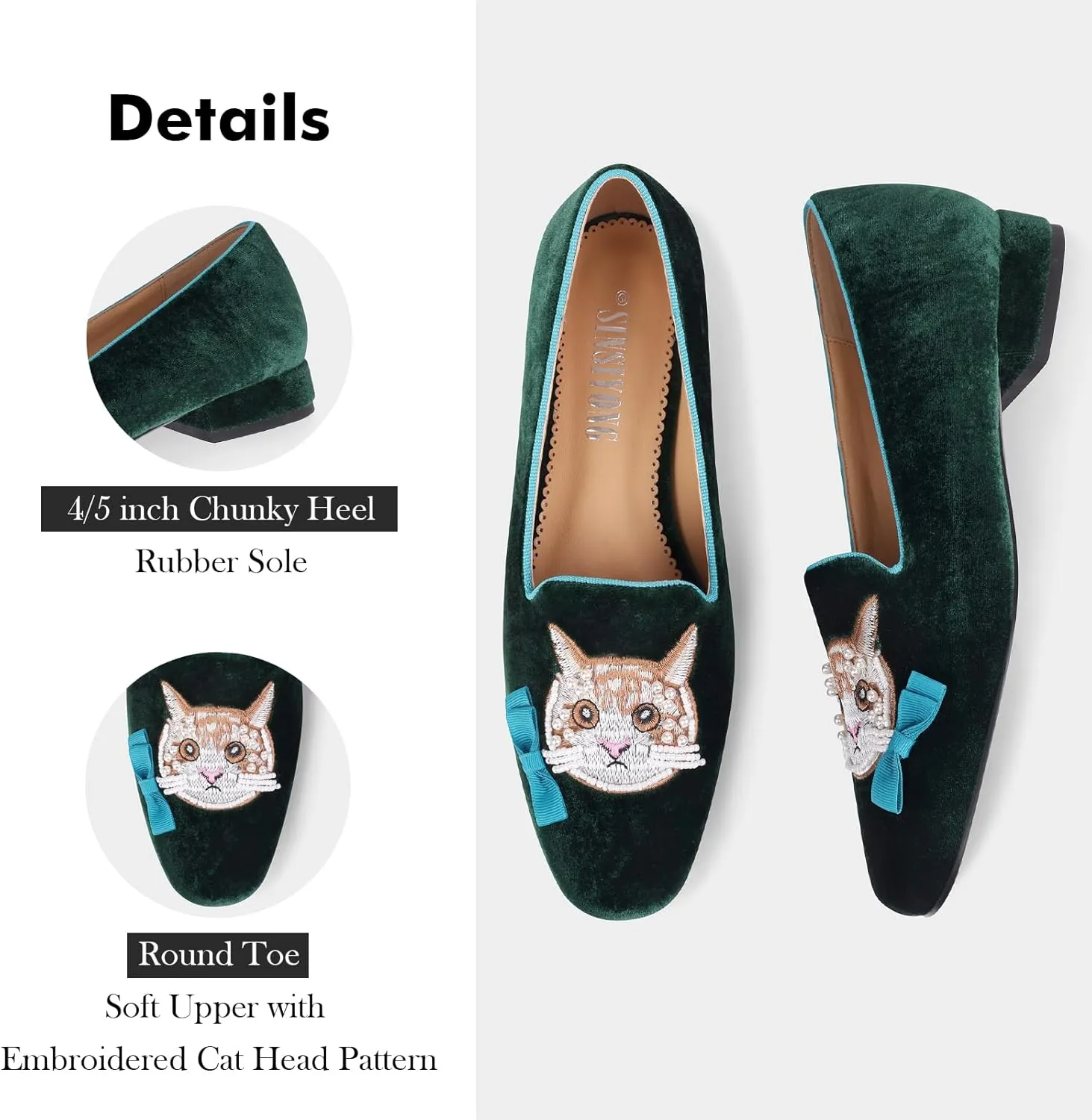 Embroidered Loafers for Women Round Toe Velvet Flats with Bow Cat Head Pattern