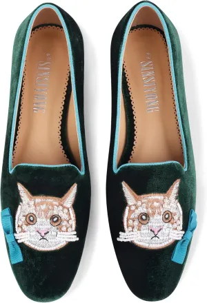 Embroidered Loafers for Women Round Toe Velvet Flats with Bow Cat Head Pattern