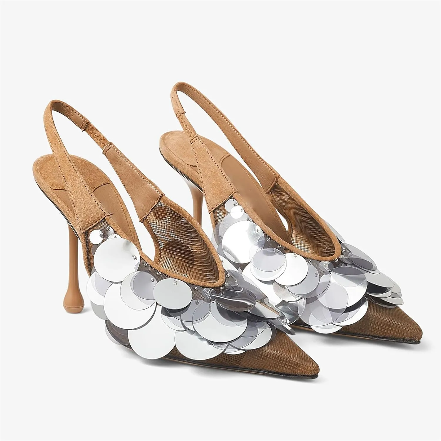 Goolita Women's Slingback Stiletto High Heels Closed Pointed Toe with Sequin Embellished Mesh Pumps Slip On Party Evening Pumps Shoes