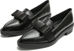 INEELUYI Women's Platform Chunky Heel Loafers Shoes Vintage Bow Pointed Toe Slip-on Uniform Dress Shoes