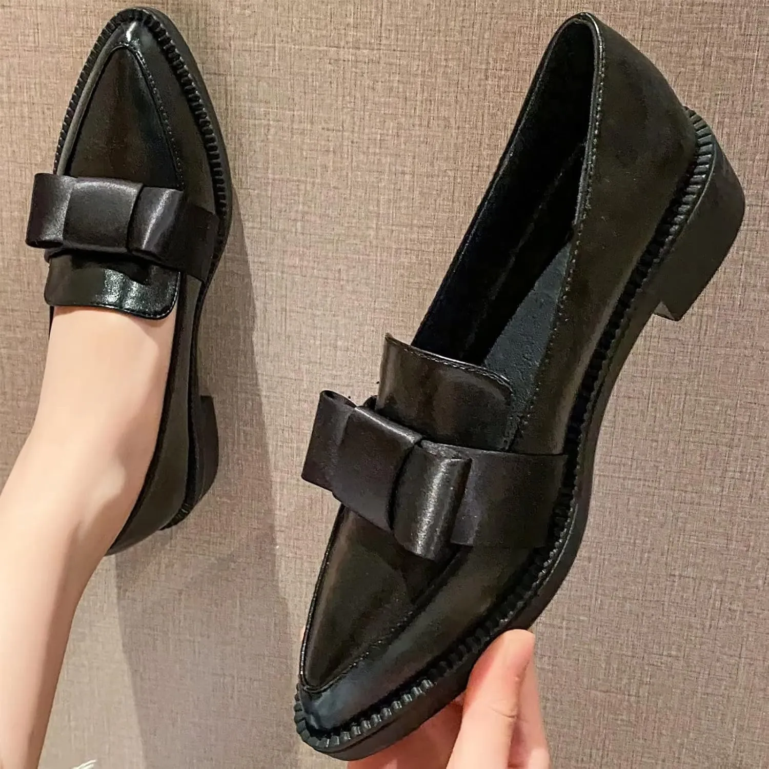 INEELUYI Women's Platform Chunky Heel Loafers Shoes Vintage Bow Pointed Toe Slip-on Uniform Dress Shoes
