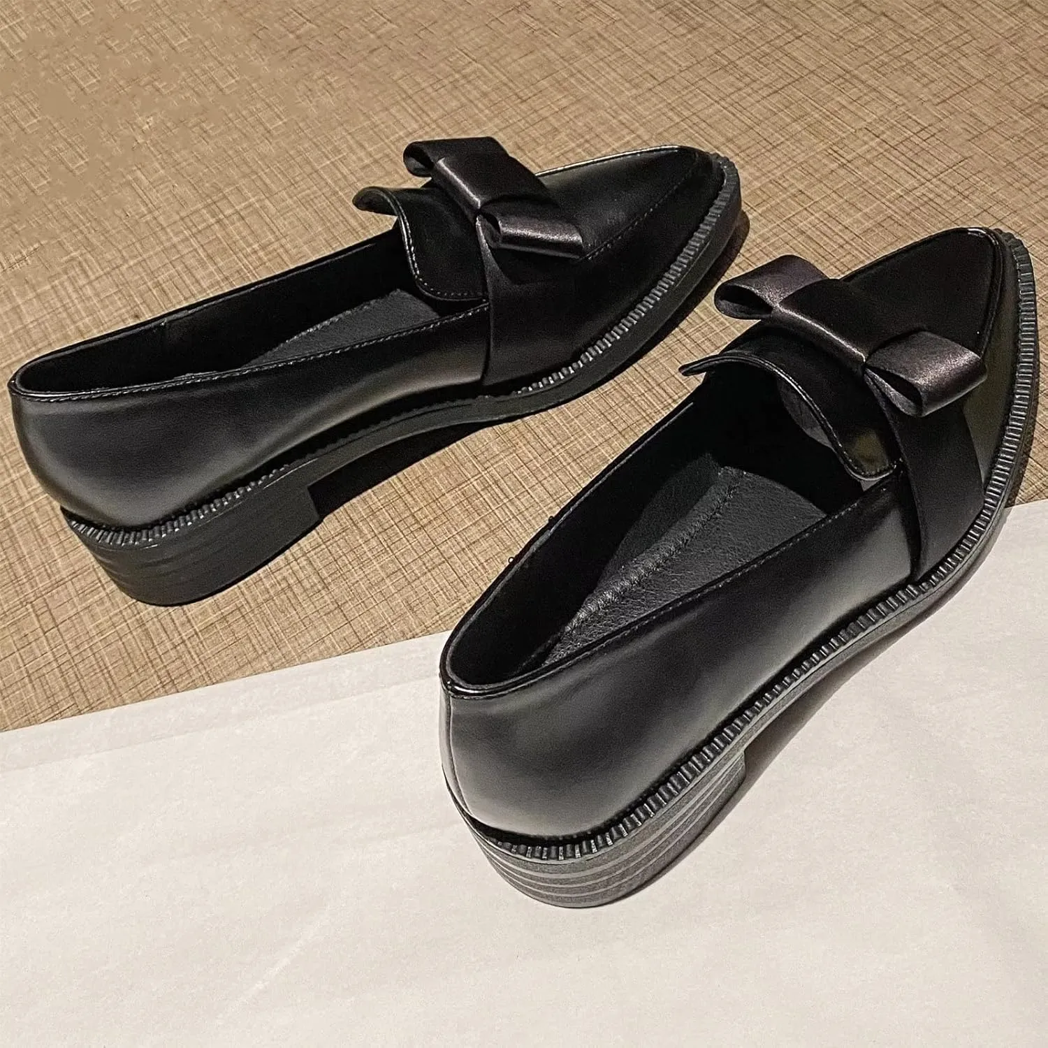 INEELUYI Women's Platform Chunky Heel Loafers Shoes Vintage Bow Pointed Toe Slip-on Uniform Dress Shoes