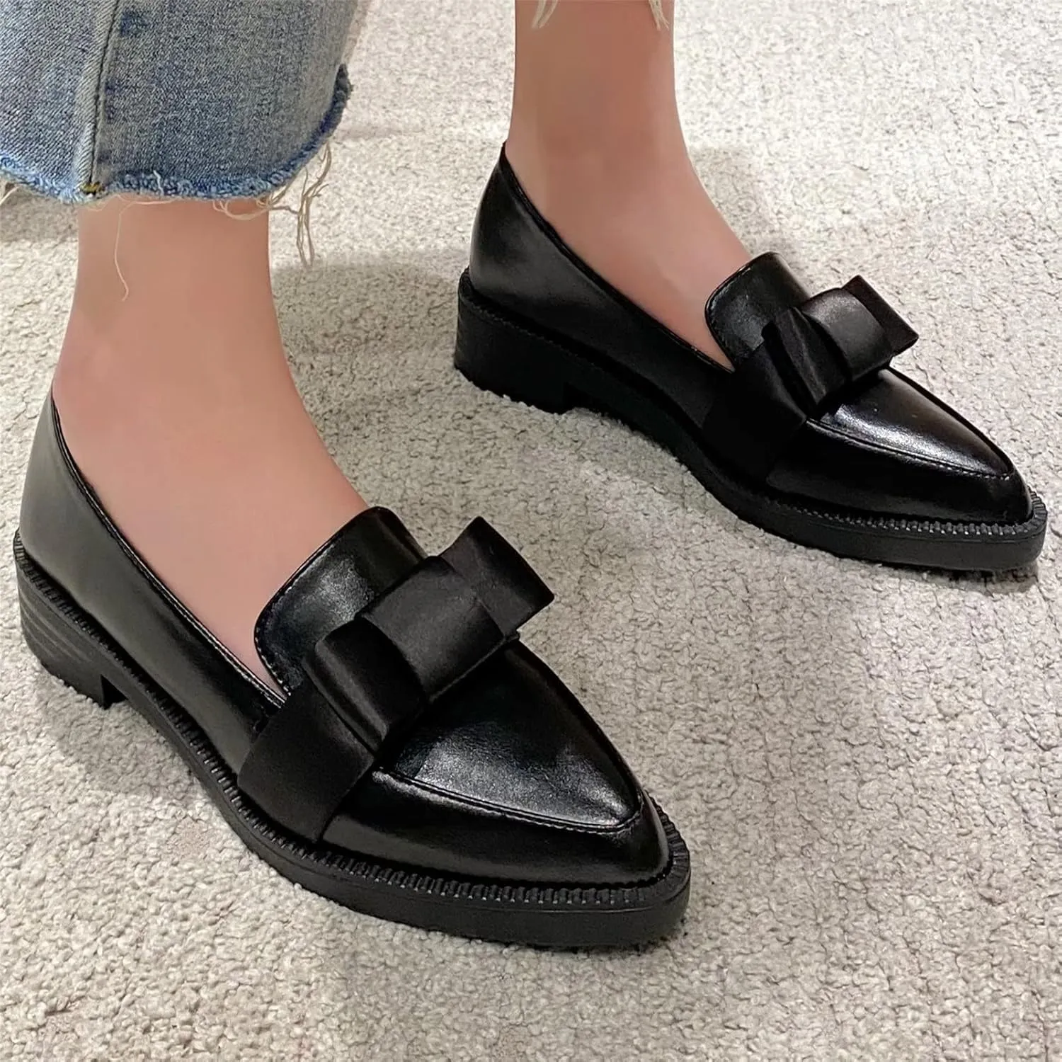 INEELUYI Women's Platform Chunky Heel Loafers Shoes Vintage Bow Pointed Toe Slip-on Uniform Dress Shoes