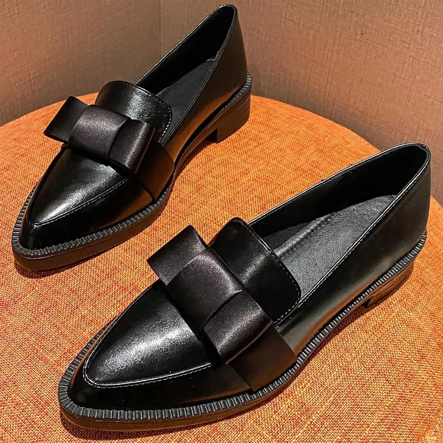 INEELUYI Women's Platform Chunky Heel Loafers Shoes Vintage Bow Pointed Toe Slip-on Uniform Dress Shoes