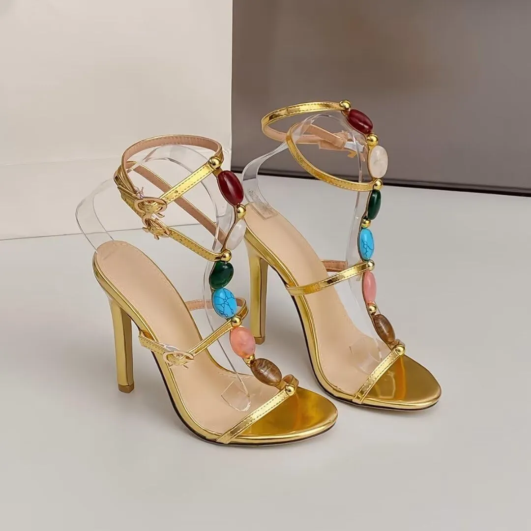 JOEupin Women's Jeweled Ankle Strap Stiletto Heels Open Toe Strappy Gladiator Heeled Sandals for Women
