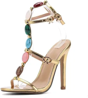 JOEupin Women's Jeweled Ankle Strap Stiletto Heels Open Toe Strappy Gladiator Heeled Sandals for Women