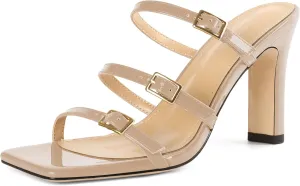 Joseywade Women Block Chunky High Heels Heeled Sandals Mules Strappy Open Toe Slip On Shoes 3.5"
