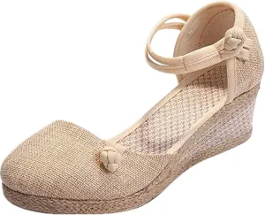 Ladmiple Espadrille Sandals For Women Closed Toe Dressy Platform Sandals Slip on Elastic Ankle Strap Wedges Sandals