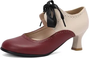 LanreyTaley Women's Vintage Mary Jane Shoes 60s Low Kitten Heels Round Toe Wingtip Brogue Shoes Cut Out Dress Pumps