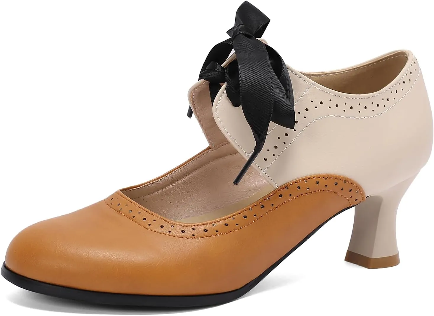 LanreyTaley Women's Vintage Mary Jane Shoes 60s Low Kitten Heels Round Toe Wingtip Brogue Shoes Cut Out Dress Pumps