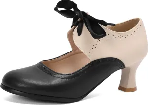 LanreyTaley Women's Vintage Mary Jane Shoes 60s Low Kitten Heels Round Toe Wingtip Brogue Shoes Cut Out Dress Pumps