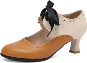 LanreyTaley Women's Vintage Mary Jane Shoes 60s Low Kitten Heels Round Toe Wingtip Brogue Shoes Cut Out Dress Pumps