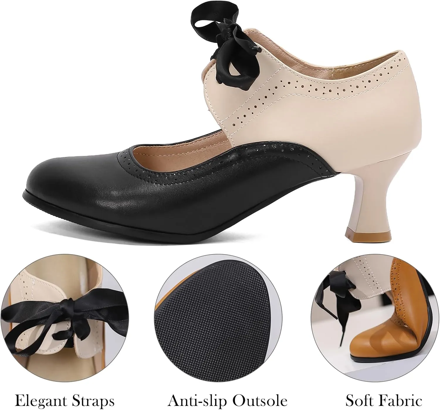 LanreyTaley Women's Vintage Mary Jane Shoes 60s Low Kitten Heels Round Toe Wingtip Brogue Shoes Cut Out Dress Pumps
