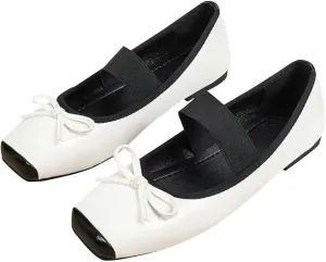 LUXINYU Leather Flats for Women Comfortable Square Toe Bowknot Ballet Flats Retro Elastic Strap Mary Jane Flats