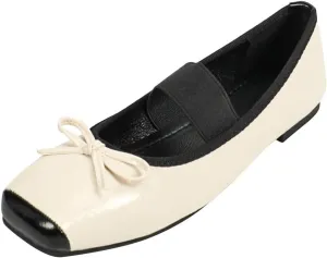 LUXINYU Leather Flats for Women Comfortable Square Toe Bowknot Ballet Flats Retro Elastic Strap Mary Jane Flats