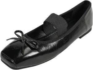 LUXINYU Leather Flats for Women Comfortable Square Toe Bowknot Ballet Flats Retro Elastic Strap Mary Jane Flats