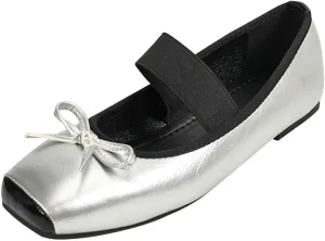 LUXINYU Leather Flats for Women Comfortable Square Toe Bowknot Ballet Flats Retro Elastic Strap Mary Jane Flats