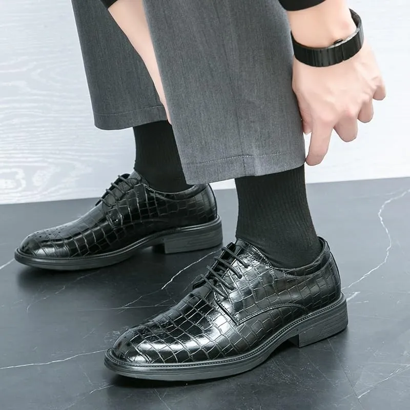 Men's Brogue Shoes Retro Pointed Chunky Heel Non-Slip Business Dress Shoes Genuine Leather Oxford Shoes for Men(Black,7)