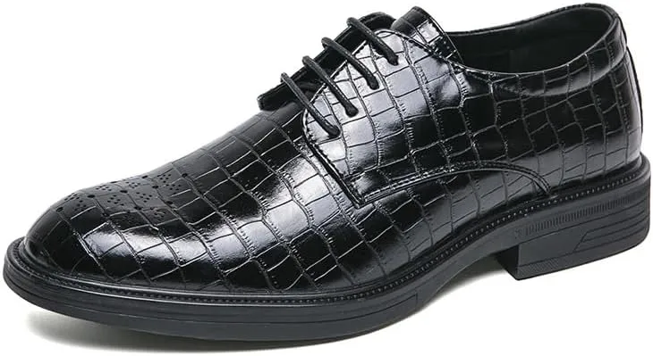Men's Brogue Shoes Retro Pointed Chunky Heel Non-Slip Business Dress Shoes Genuine Leather Oxford Shoes for Men(Black,7)