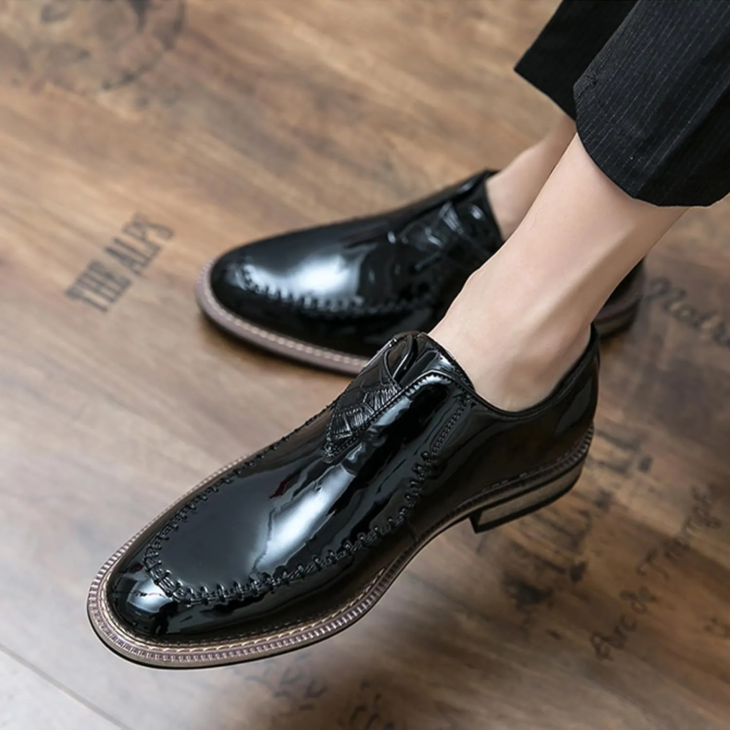 Men's Chunky Heel Oxford Shoes Buckle Pointed Toe Business Dress Shoes Slip On Loafers Brogue Shoes