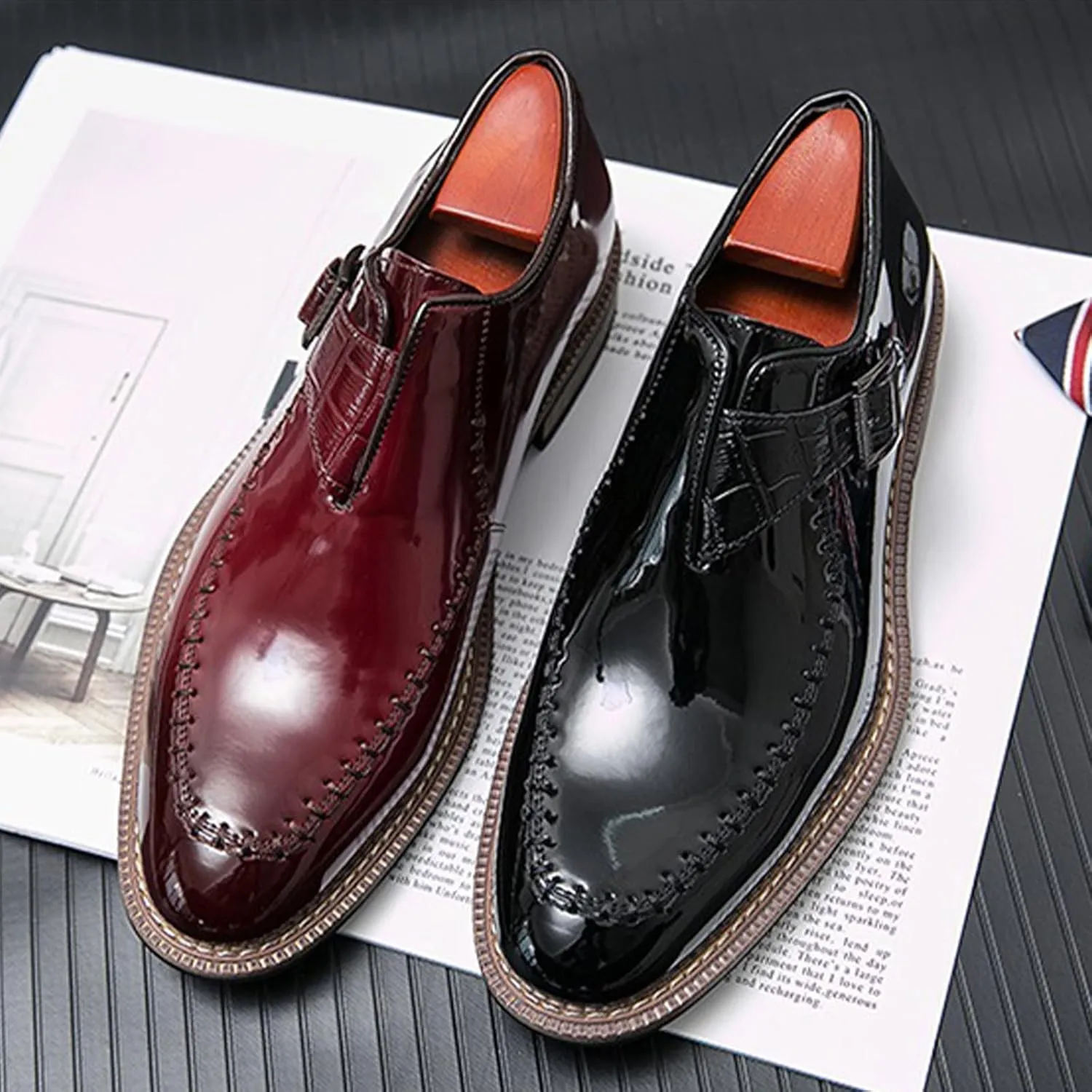 Men's Chunky Heel Oxford Shoes Buckle Pointed Toe Business Dress Shoes Slip On Loafers Brogue Shoes
