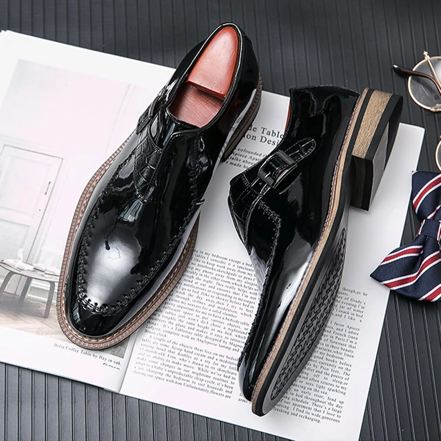Men's Chunky Heel Oxford Shoes Buckle Pointed Toe Business Dress Shoes Slip On Loafers Brogue Shoes