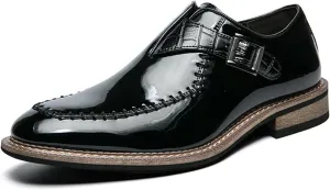 Men's Chunky Heel Oxford Shoes Buckle Pointed Toe Business Dress Shoes Slip On Loafers Brogue Shoes