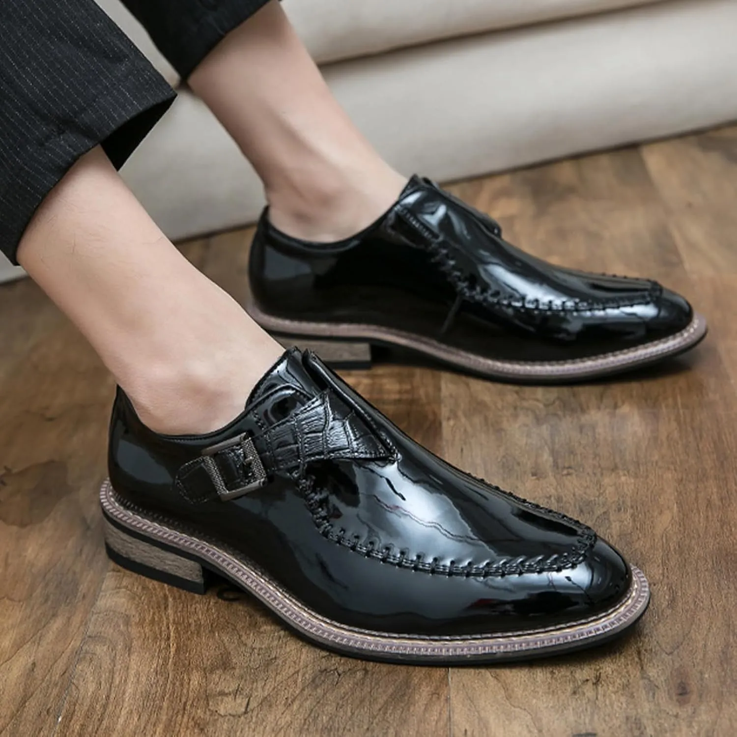 Men's Chunky Heel Oxford Shoes Buckle Pointed Toe Business Dress Shoes Slip On Loafers Brogue Shoes