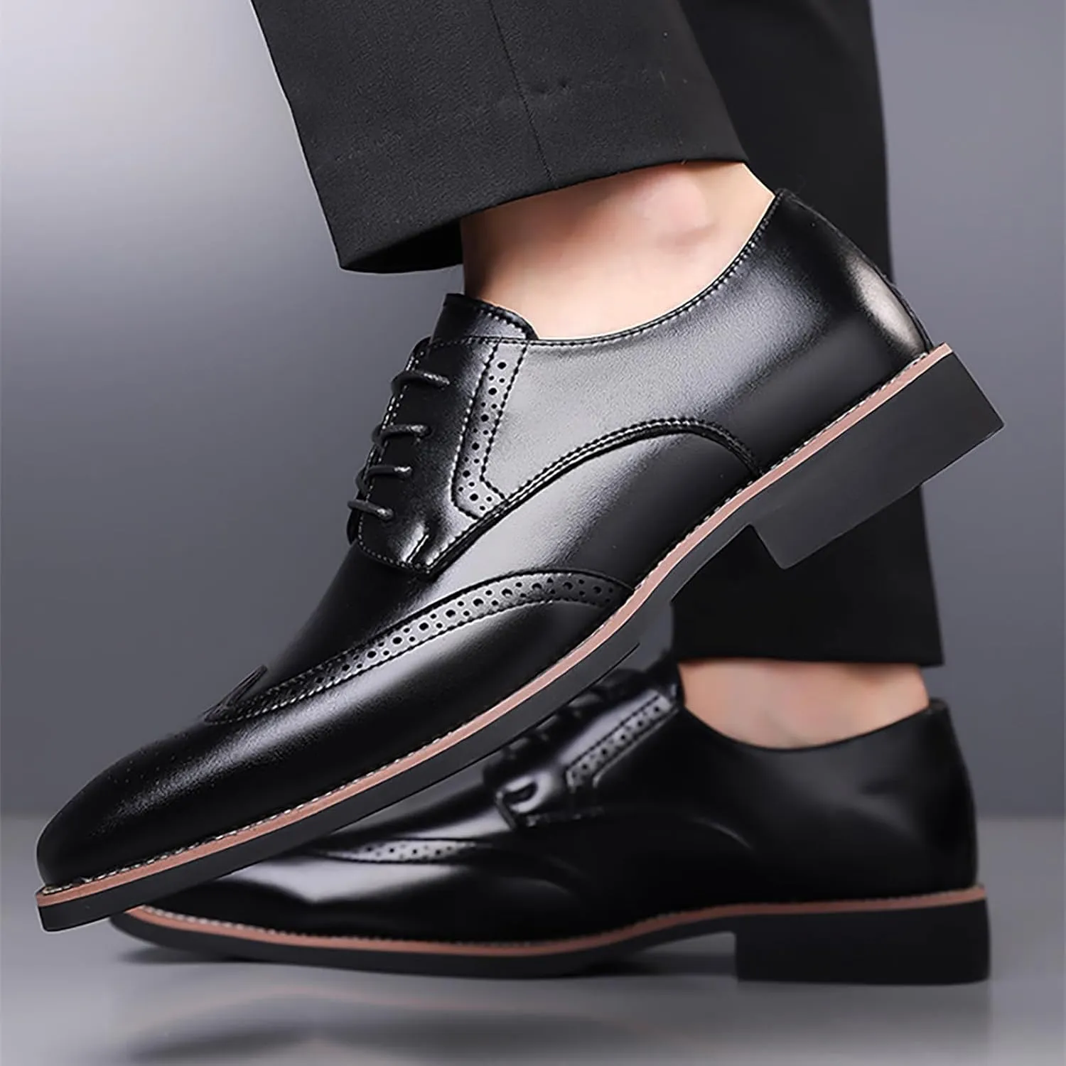 Men's Leather Wingtip Business Dress Oxford Shoes Lace Up Retro Pointed Comfortable Formal Brogue Shoes Wedding Party Derby Shoes