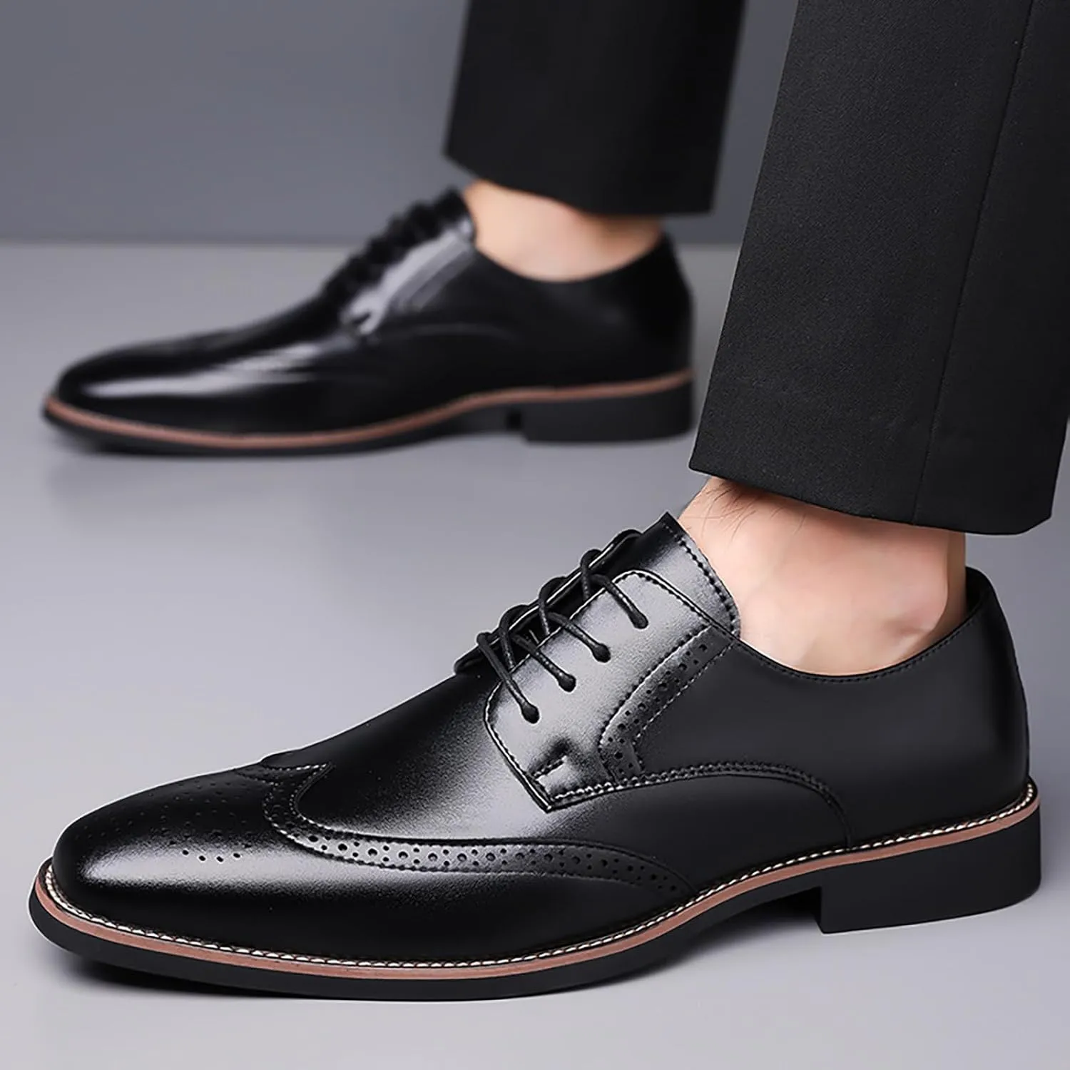 Men's Leather Wingtip Business Dress Oxford Shoes Lace Up Retro Pointed Comfortable Formal Brogue Shoes Wedding Party Derby Shoes