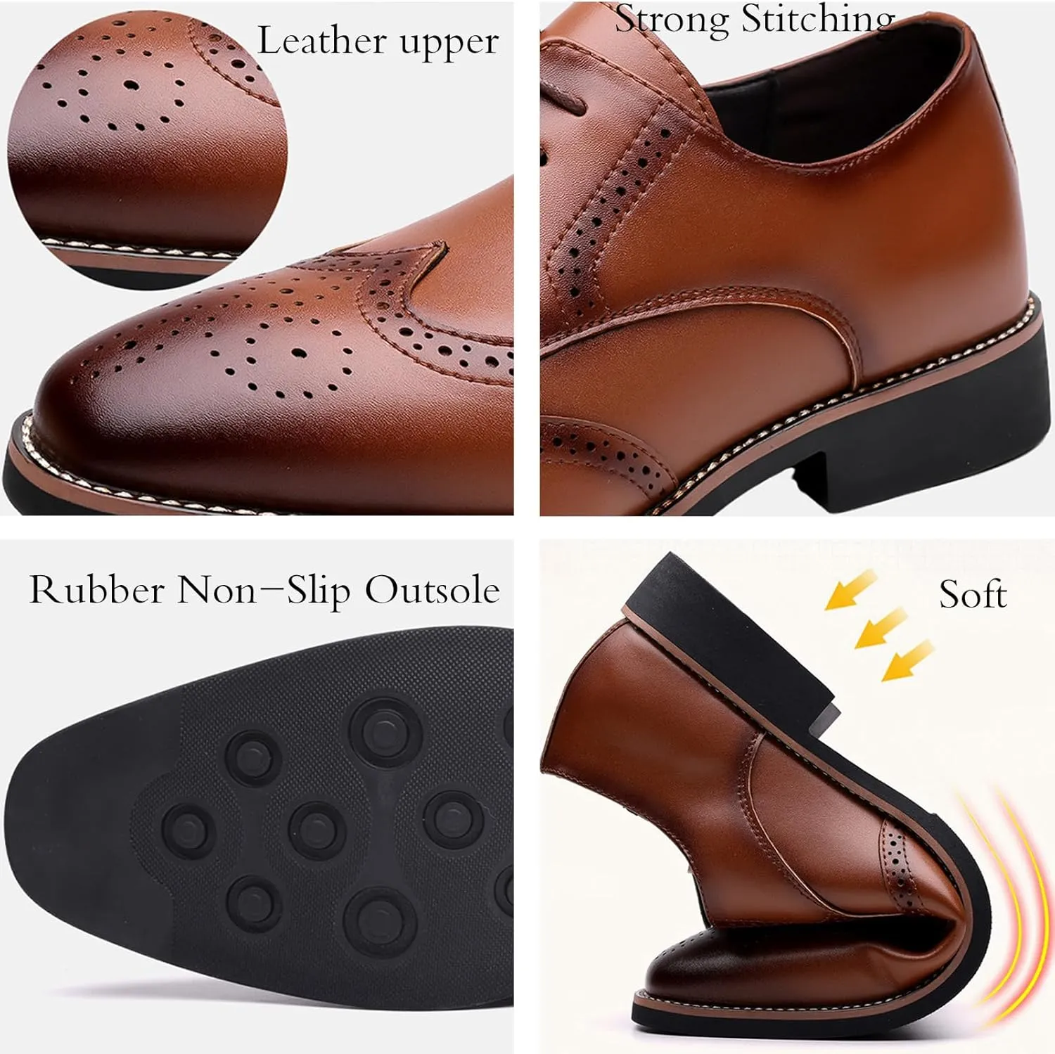 Men's Leather Wingtip Business Dress Oxford Shoes Lace Up Retro Pointed Comfortable Formal Brogue Shoes Wedding Party Derby Shoes